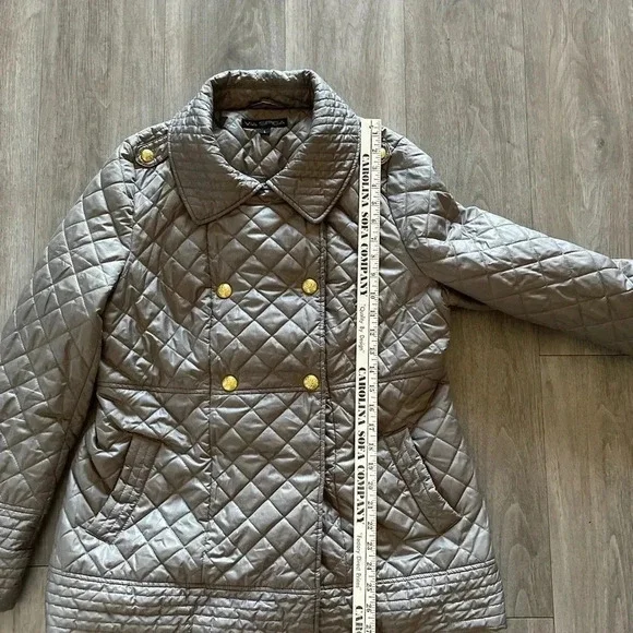 Via Spiga Gray Puffer Jacket Gold Buttons Women’s Large NWOT - Picture 11 of 12